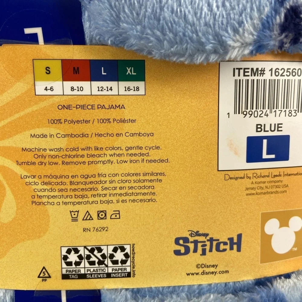 Disney Stitch One Piece Pajama Women’s Large Blue Plush Hooded Onesie NWT